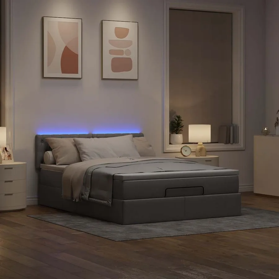 Lit ottoman avec matelas et LED taupe 140x190 cm tissu - 3