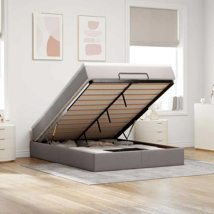 Cadre de lit ottoman avec matelas taupe 140x190 cm tissu