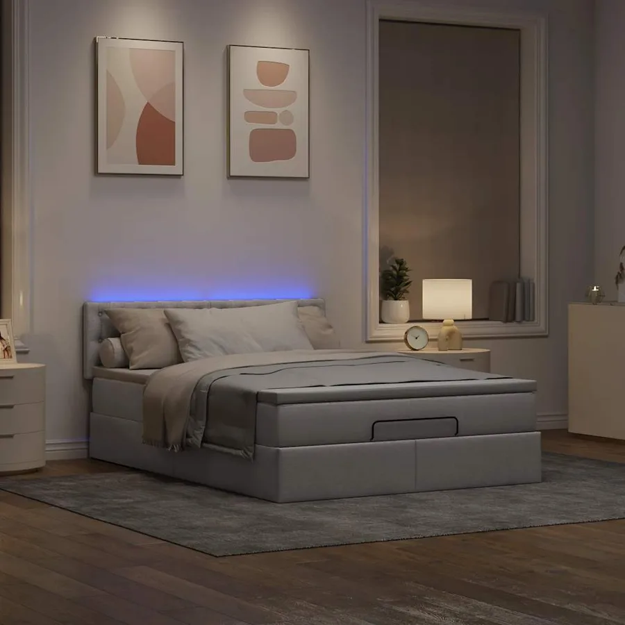 Lit ottoman avec matelas et LED taupe 140x190 cm tissu - 3