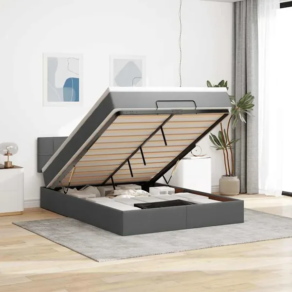 Lit ottoman avec matelas et LED gris foncé 140x190 cm tissu