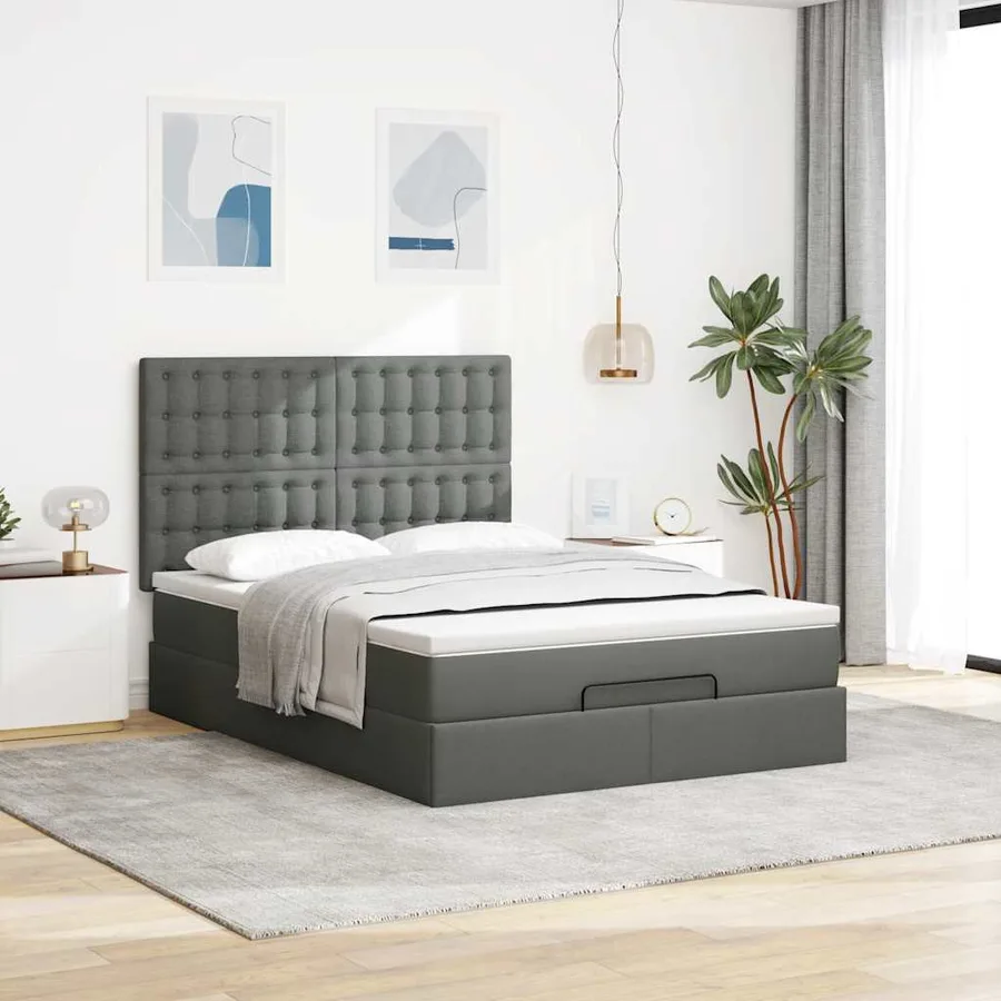 Cadre de lit ottoman avec matelas gris foncé 140x190 cm tissu - 4