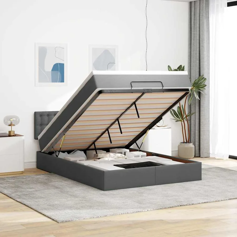 Lit ottoman avec matelas gris foncé 140x190 cm tissu