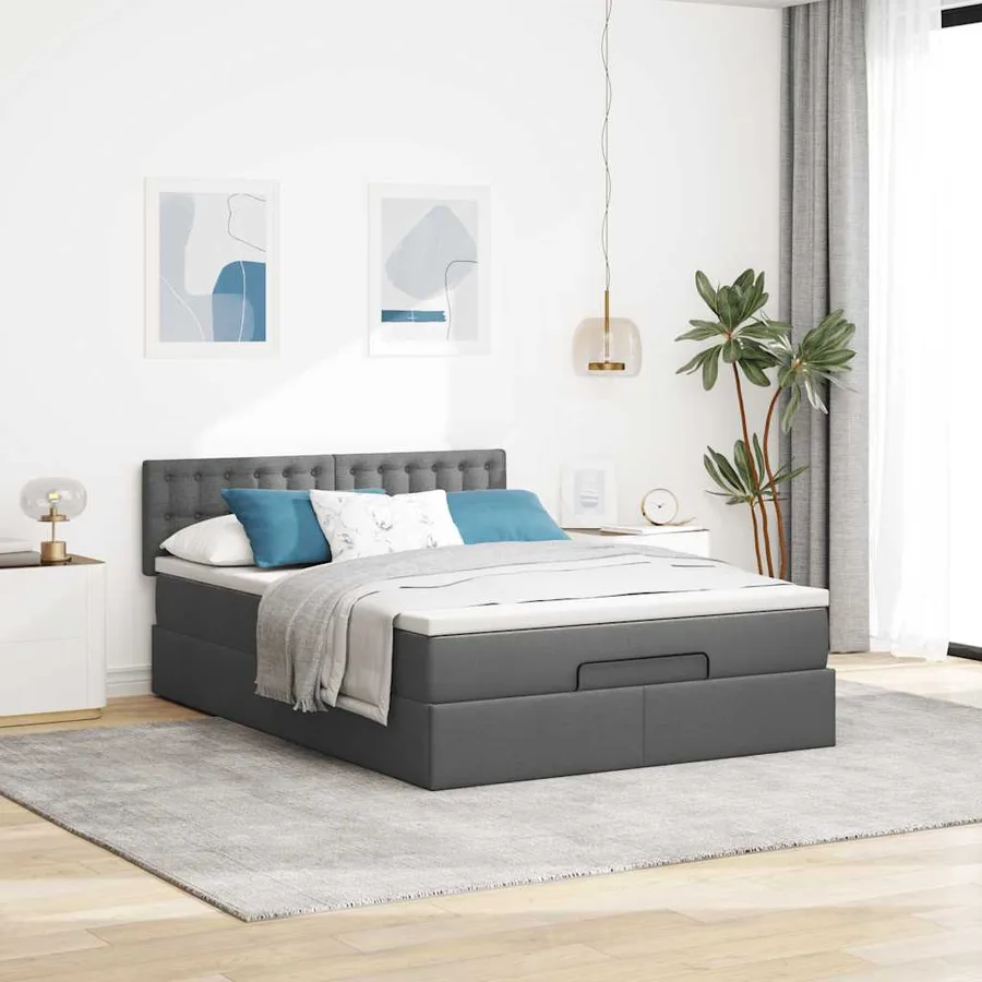 Lit ottoman avec matelas gris foncé 140x190 cm tissu - 3