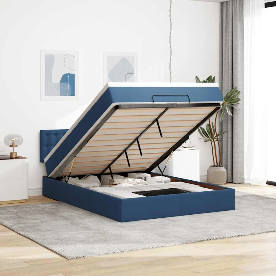 Lit ottoman avec matelas bleu 140x190 cm tissu