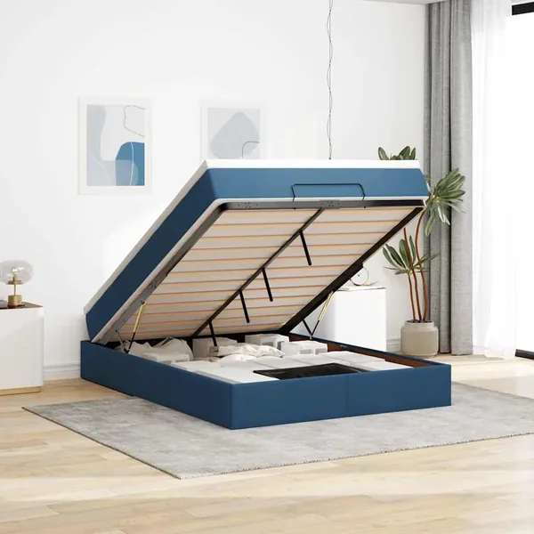 Cadre de lit ottoman avec matelas bleu 140x190 cm tissu