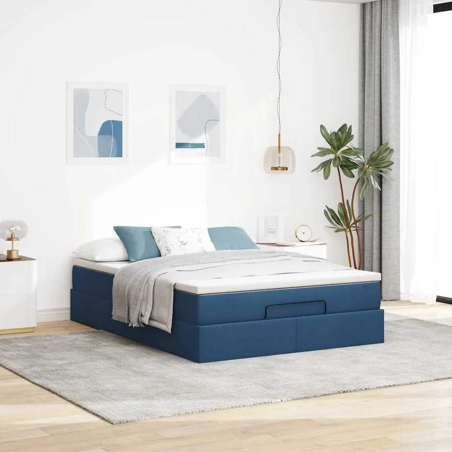 Cadre de lit ottoman avec matelas bleu 140x190 cm tissu - 3