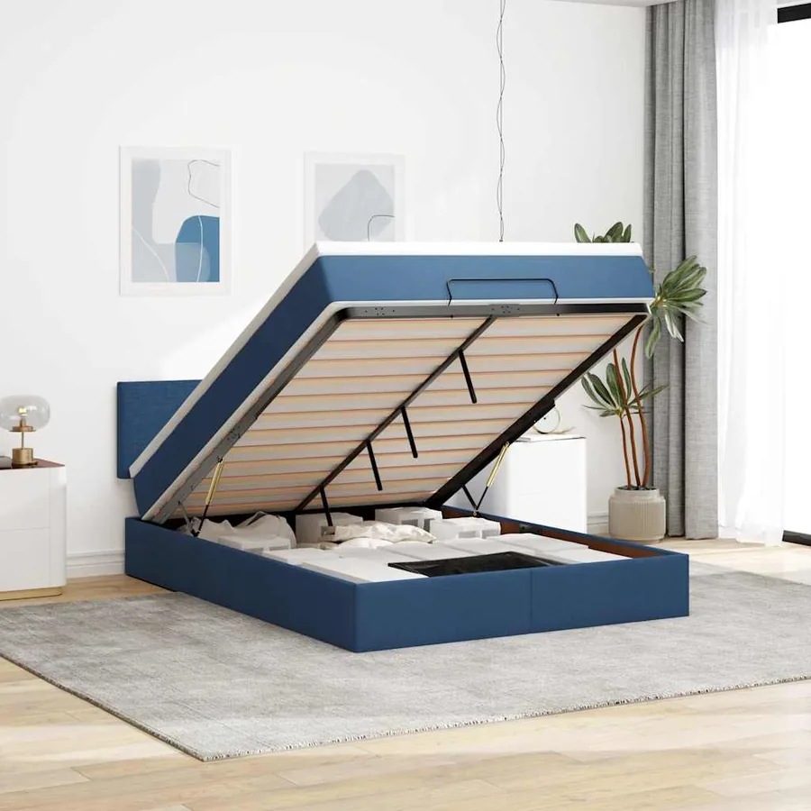 Lit ottoman avec matelas bleu 140x190 cm tissu