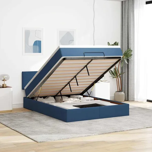 Lit ottoman avec matelas bleu 140x190 cm tissu