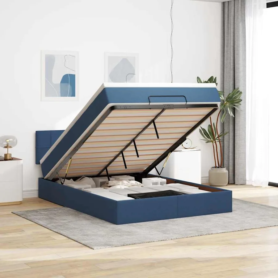 Lit ottoman avec matelas bleu 140x190 cm tissu