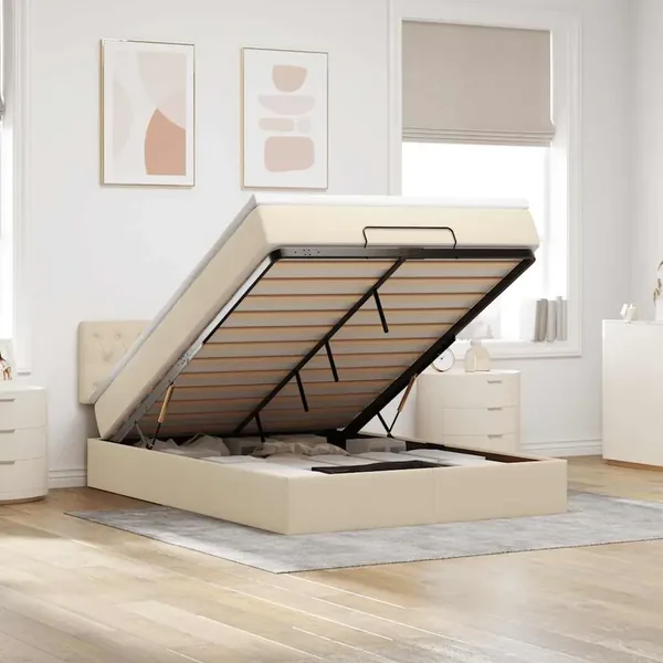 Lit ottoman avec matelas crème 140x190 cm tissu