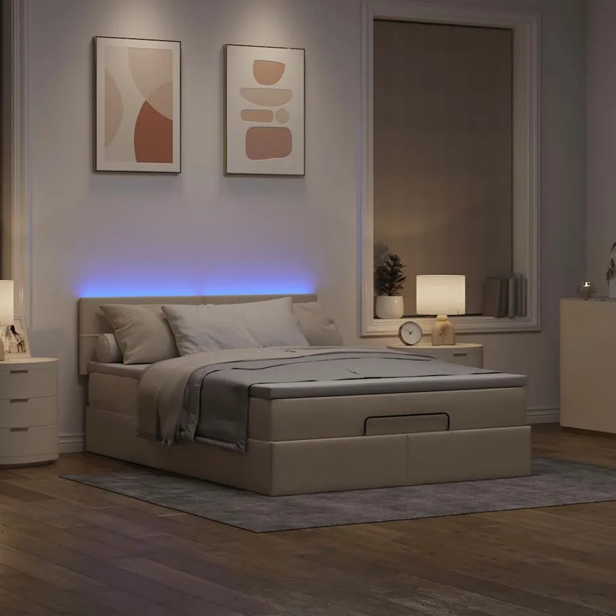 Lit ottoman avec matelas et LED crème 140x190 cm tissu - 3