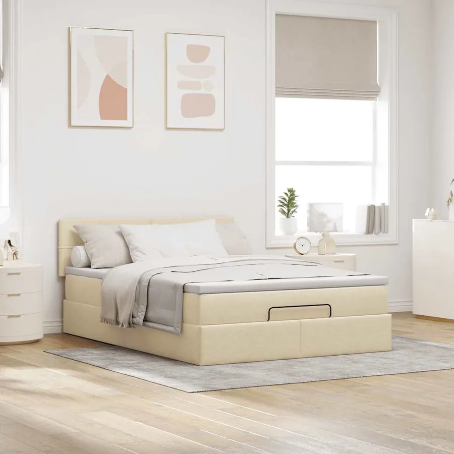 Lit ottoman avec matelas et LED crème 140x190 cm tissu - 4