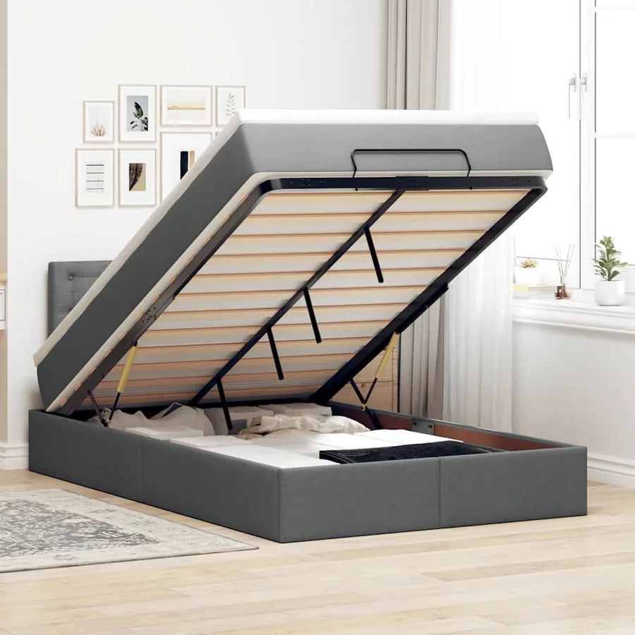 Lit ottoman avec matelas gris foncé 120x190 cm tissu