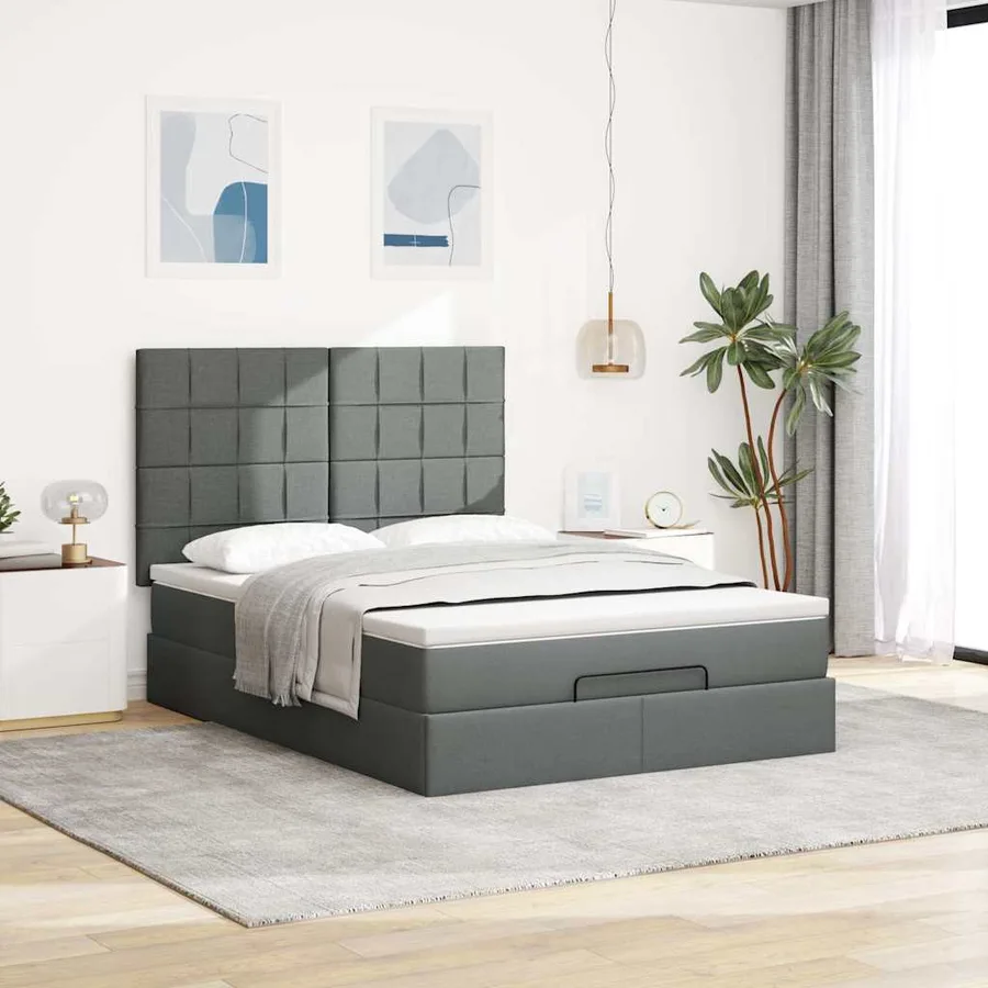 Cadre de lit ottoman avec matelas gris foncé 140x200 cm tissu - 3