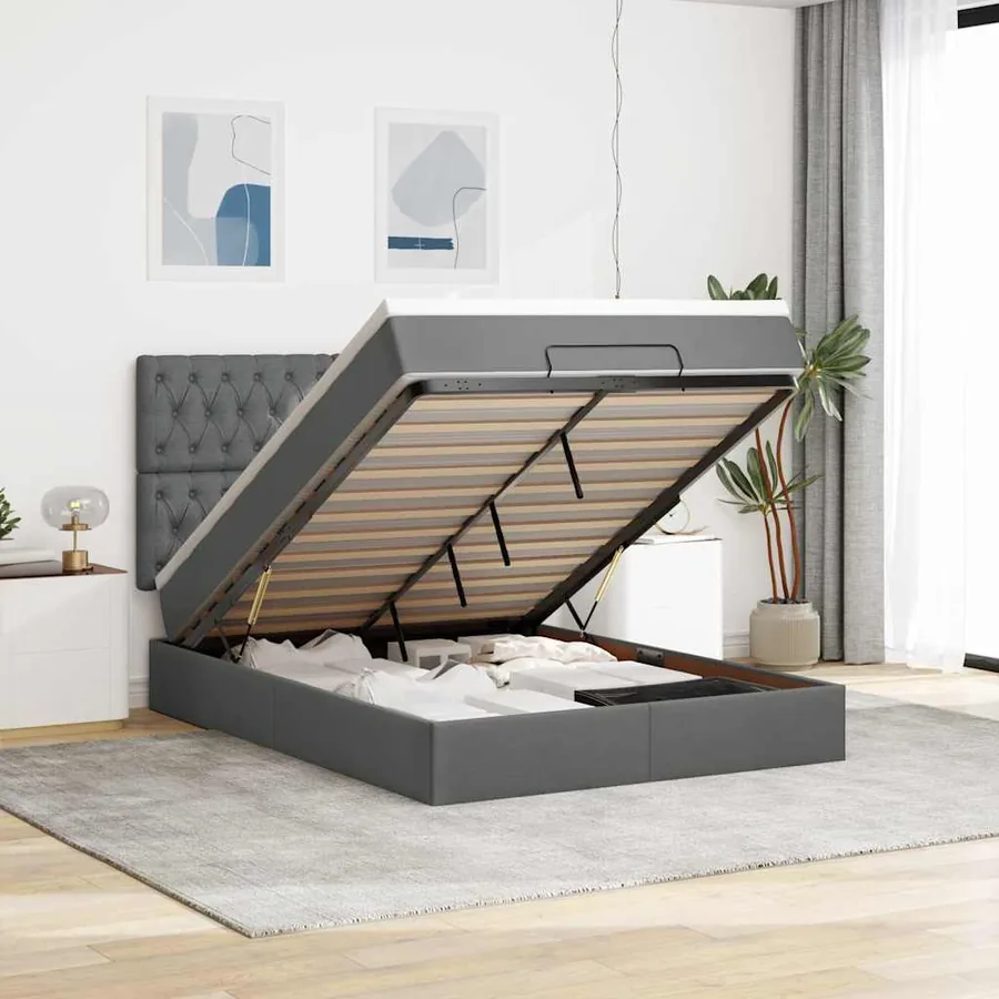 Cadre de lit ottoman avec matelas gris foncé 140x200 cm tissu