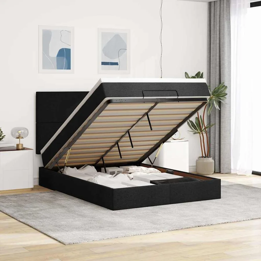 Cadre de lit ottoman avec matelas noir 140x200 cm tissu