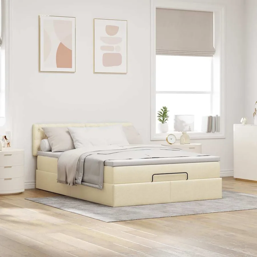 Lit ottoman avec matelas et LED crème 140x200 cm tissu - 6