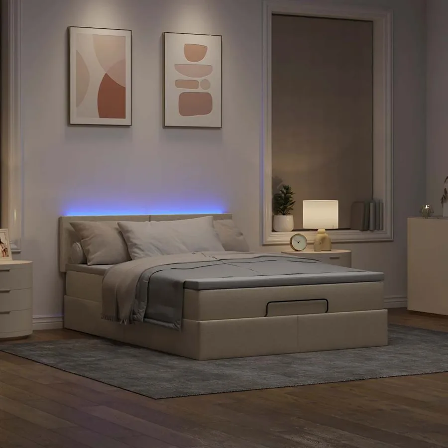 Lit ottoman avec matelas et LED crème 140x200 cm tissu - 3