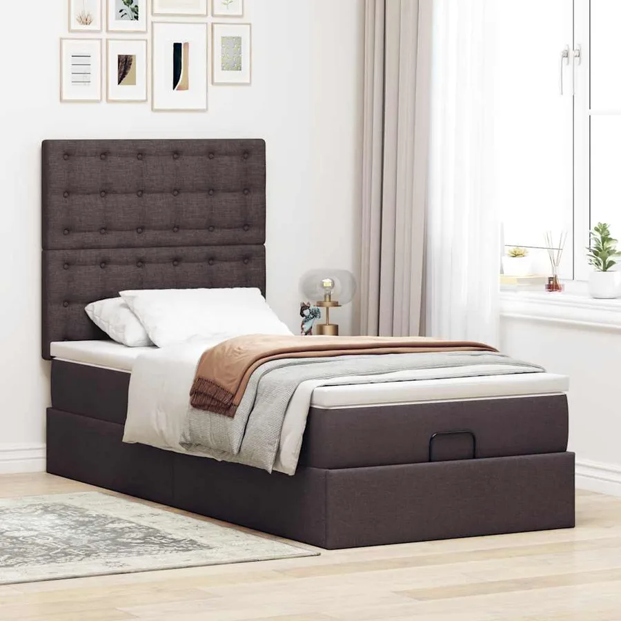 Cadre de lit ottoman avec matelas marron foncé 100x200 cm tissu - 4