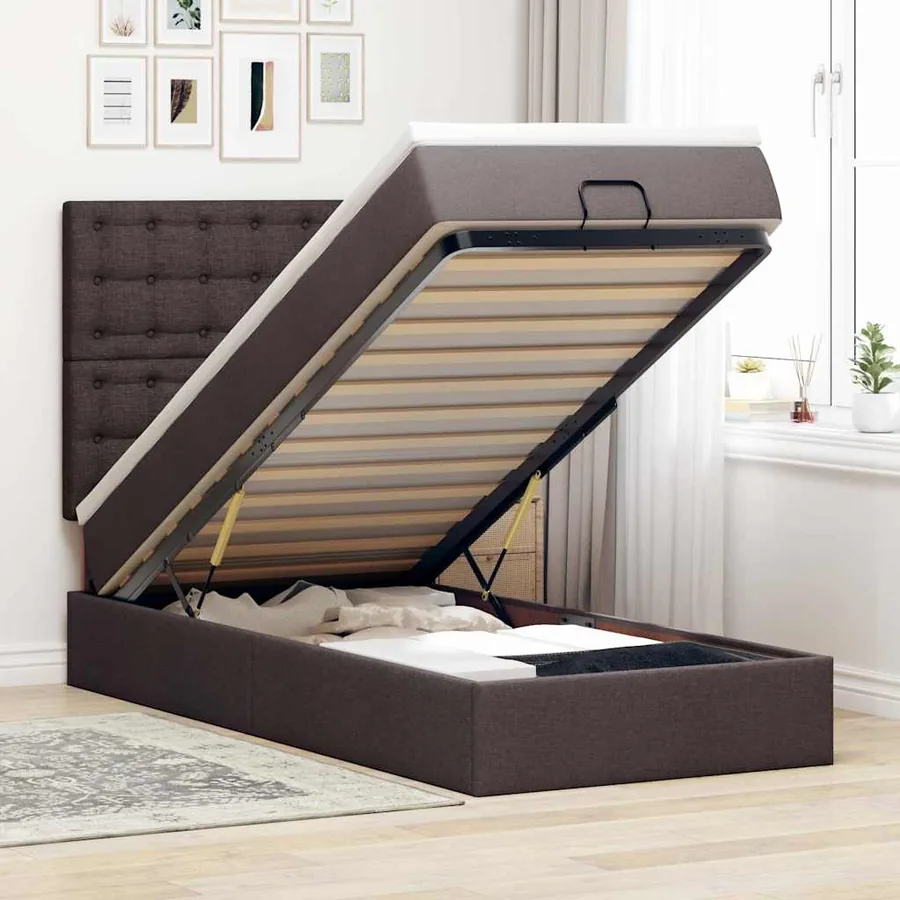 Lit ottoman avec matelas marron foncé 100x200 cm tissu