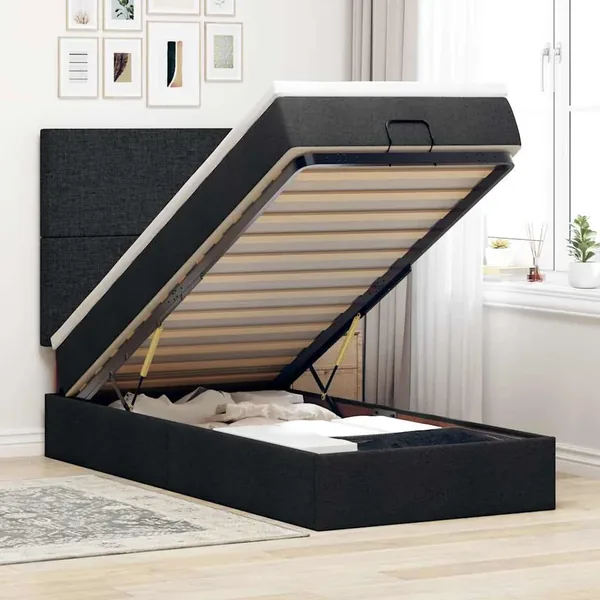 Cadre de lit ottoman avec matelas noir 100x200cm tissu