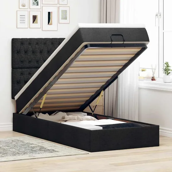 Lit ottoman avec matelas noir 100x200 cm tissu