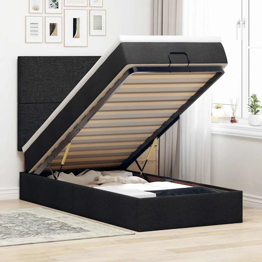 Lit ottoman avec matelas noir 100x200 cm tissu