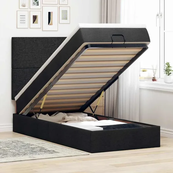 Lit ottoman avec matelas noir 100x200 cm tissu