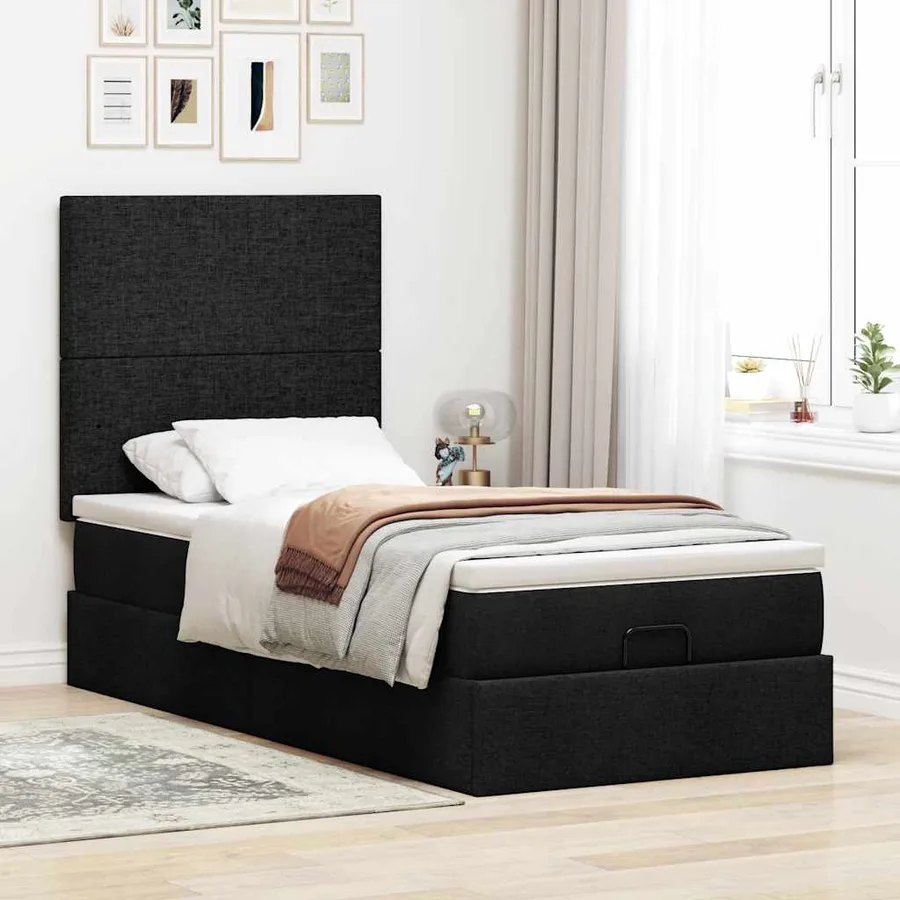 Lit ottoman avec matelas noir 100x200 cm tissu - 3