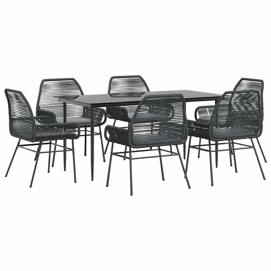 Ensemble à manger de jardin coussins 7pcs noir poly rotin verre - 2
