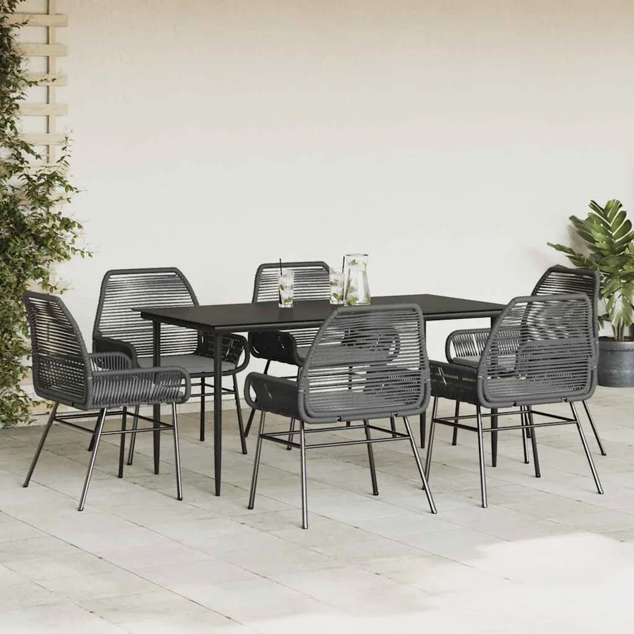Ensemble à manger de jardin coussins 7pcs noir poly rotin verre - 3