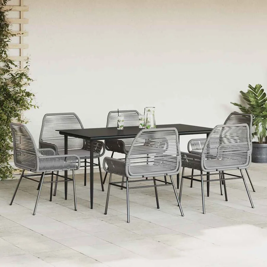 Ensemble à manger jardin coussins 7 pcs gris poly rotin verre - 3