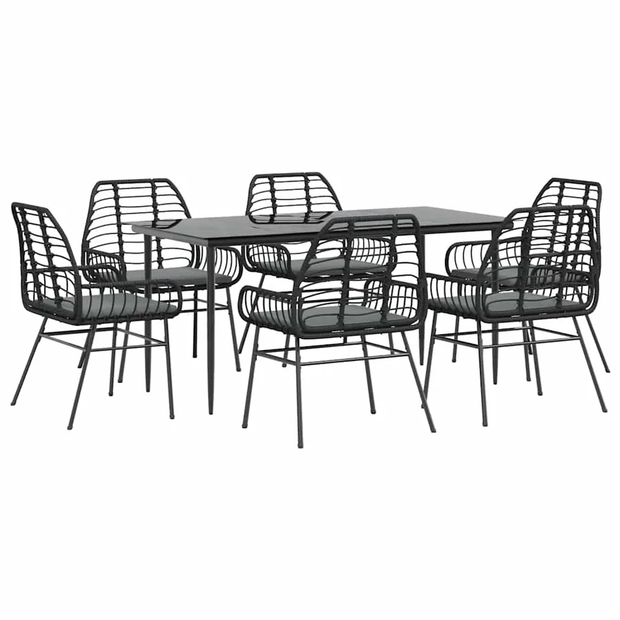 Ensemble à manger de jardin coussins 7pcs noir poly rotin verre - 2