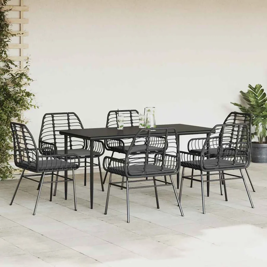 Ensemble à manger de jardin coussins 7pcs noir poly rotin verre - 3