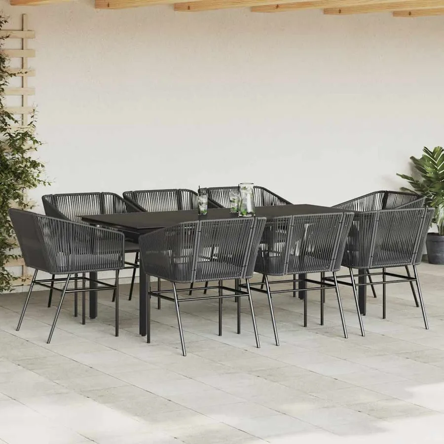 Ensemble à manger de jardin coussins 9pcs noir poly rotin verre - 3
