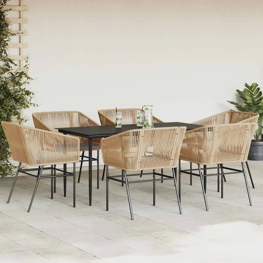 Ensemble à manger jardin coussins 7pcs marron poly rotin verre - 3