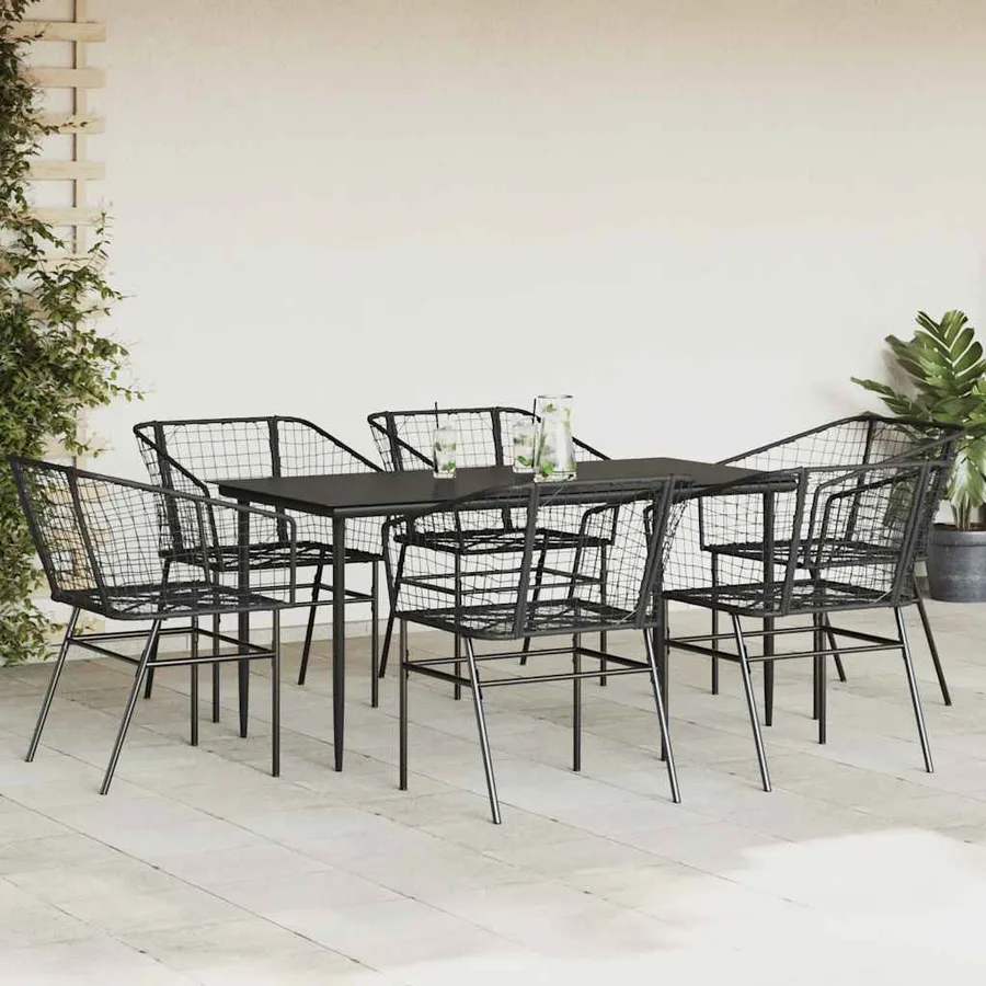 Ensemble à manger de jardin 7pcs noir poly rotin verre - 3