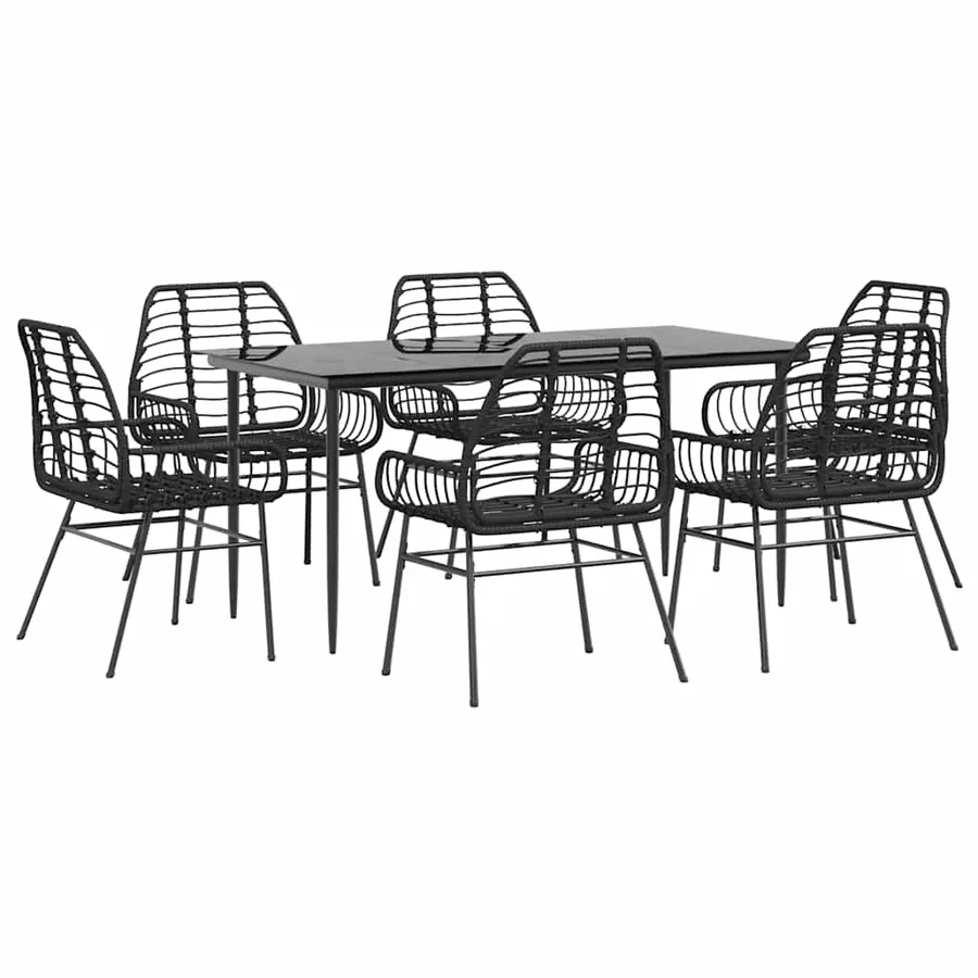 Ensemble à manger de jardin 7pcs noir poly rotin verre - 2