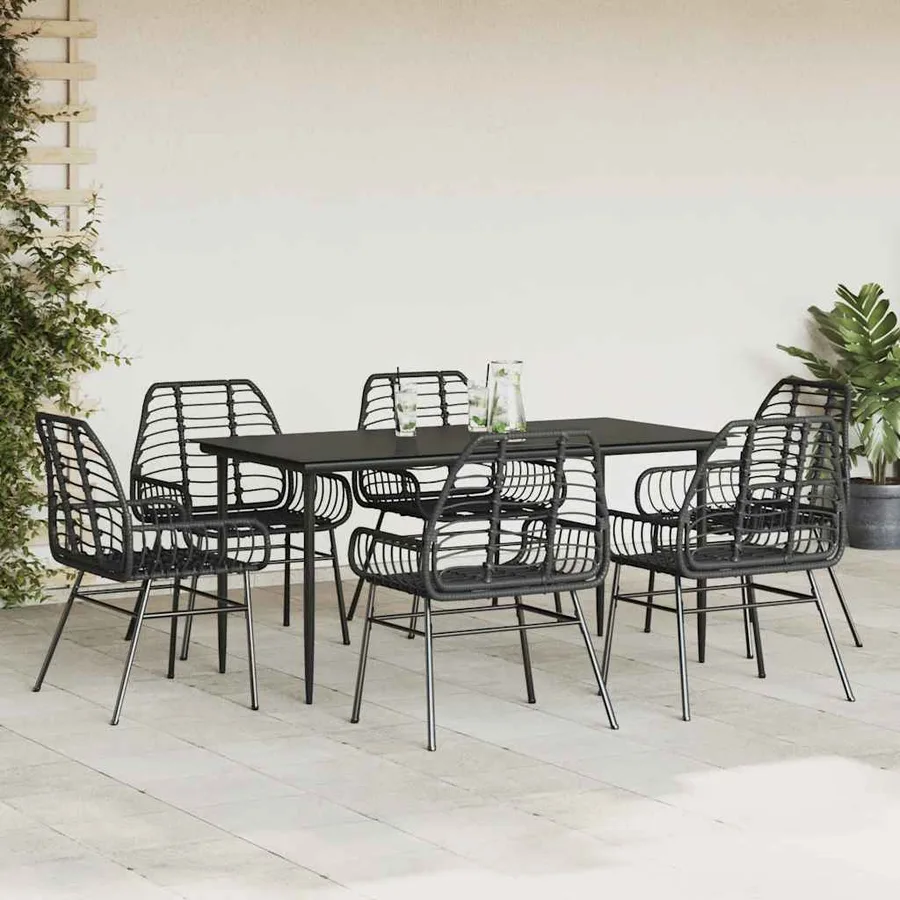 Ensemble à manger de jardin 7pcs noir poly rotin verre - 3