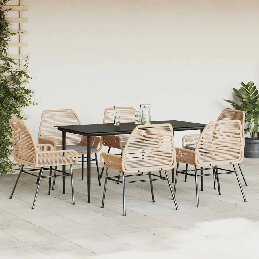 Ensemble à manger jardin coussins 7pcs marron poly rotin verre - 3