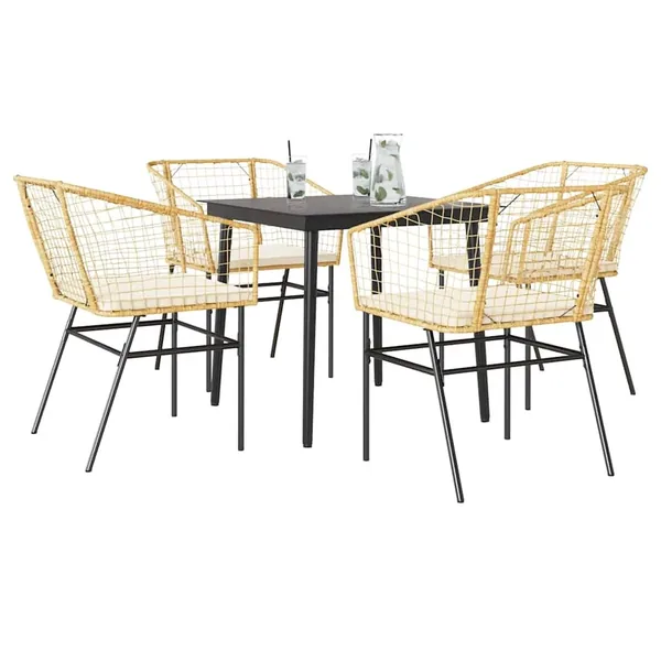 Ensemble à manger jardin coussins 5pcs marron poly rotin verre