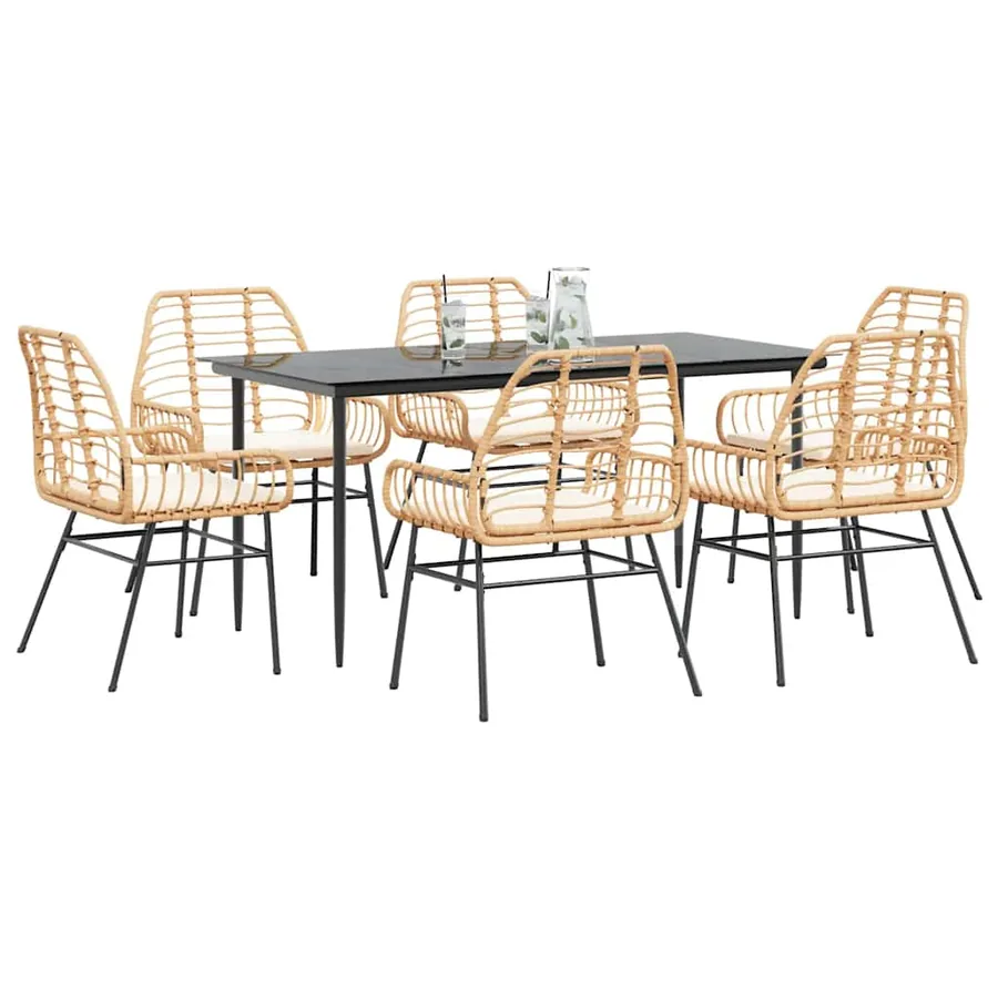 Ensemble à manger jardin coussins 7pcs marron poly rotin verre