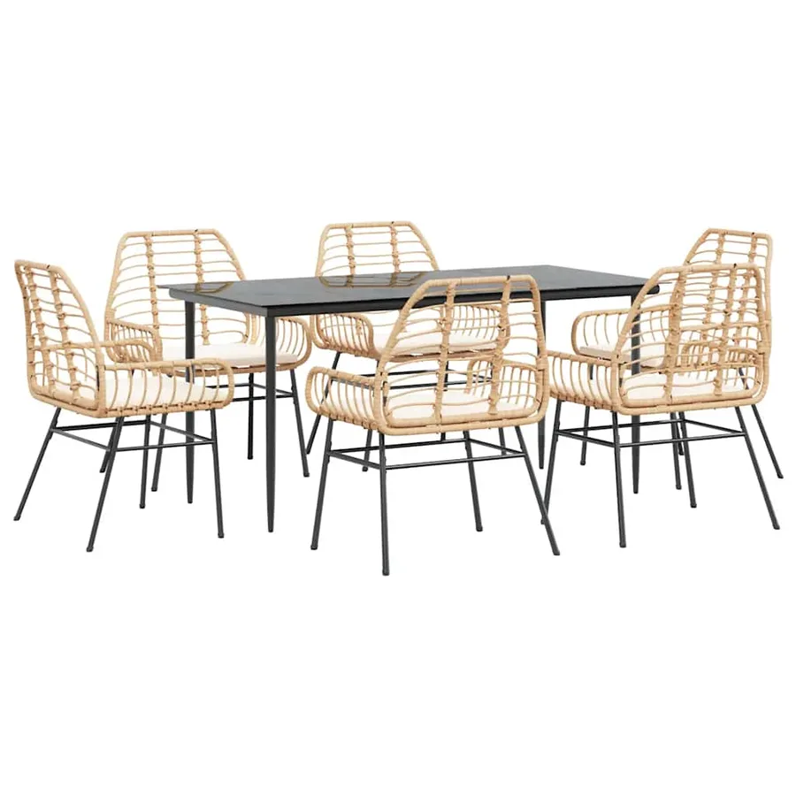 Ensemble à manger jardin coussins 7pcs marron poly rotin verre - 2