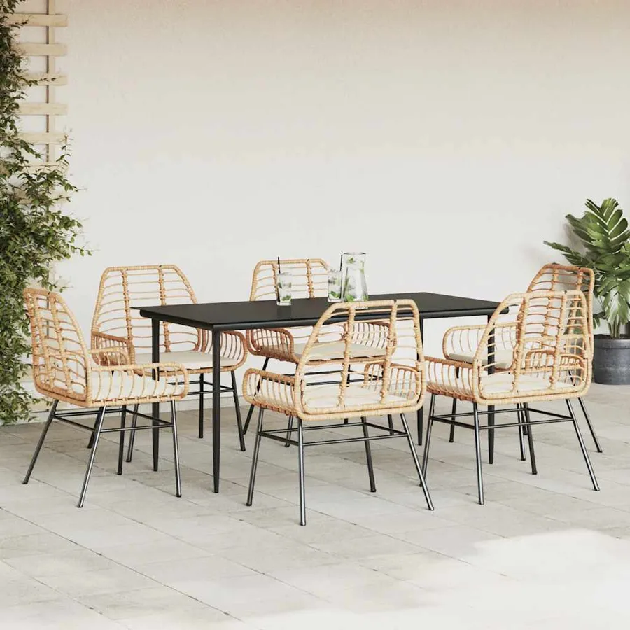 Ensemble à manger jardin coussins 7pcs marron poly rotin verre - 3