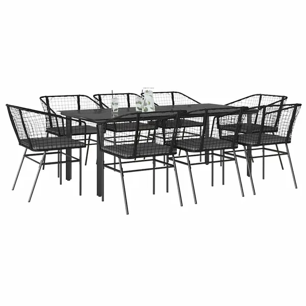Ensemble à manger de jardin coussins 9pcs noir poly rotin verre