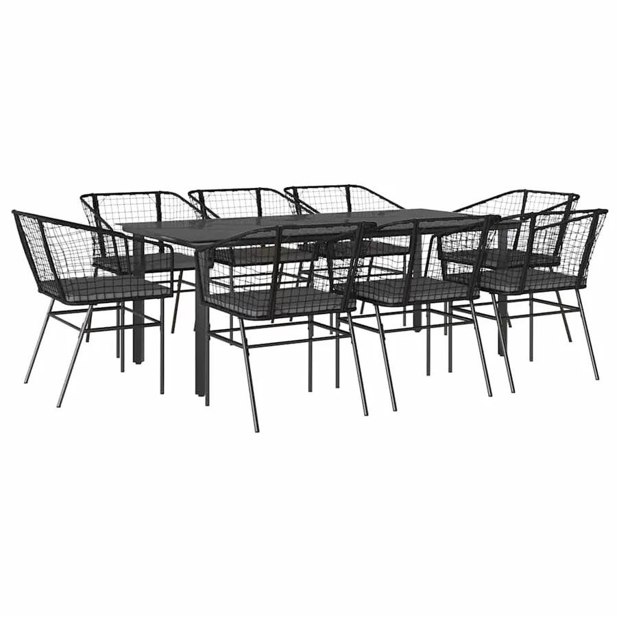 Ensemble à manger de jardin coussins 9pcs noir poly rotin verre - 2