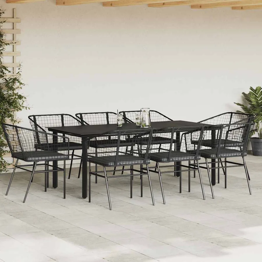 Ensemble à manger de jardin coussins 9pcs noir poly rotin verre - 3