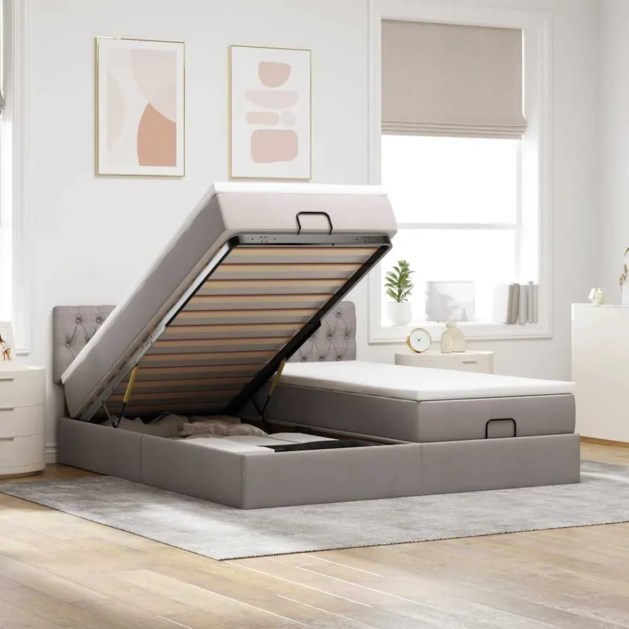 Cadre de lit ottoman avec matelas taupe 200x200cm tissu