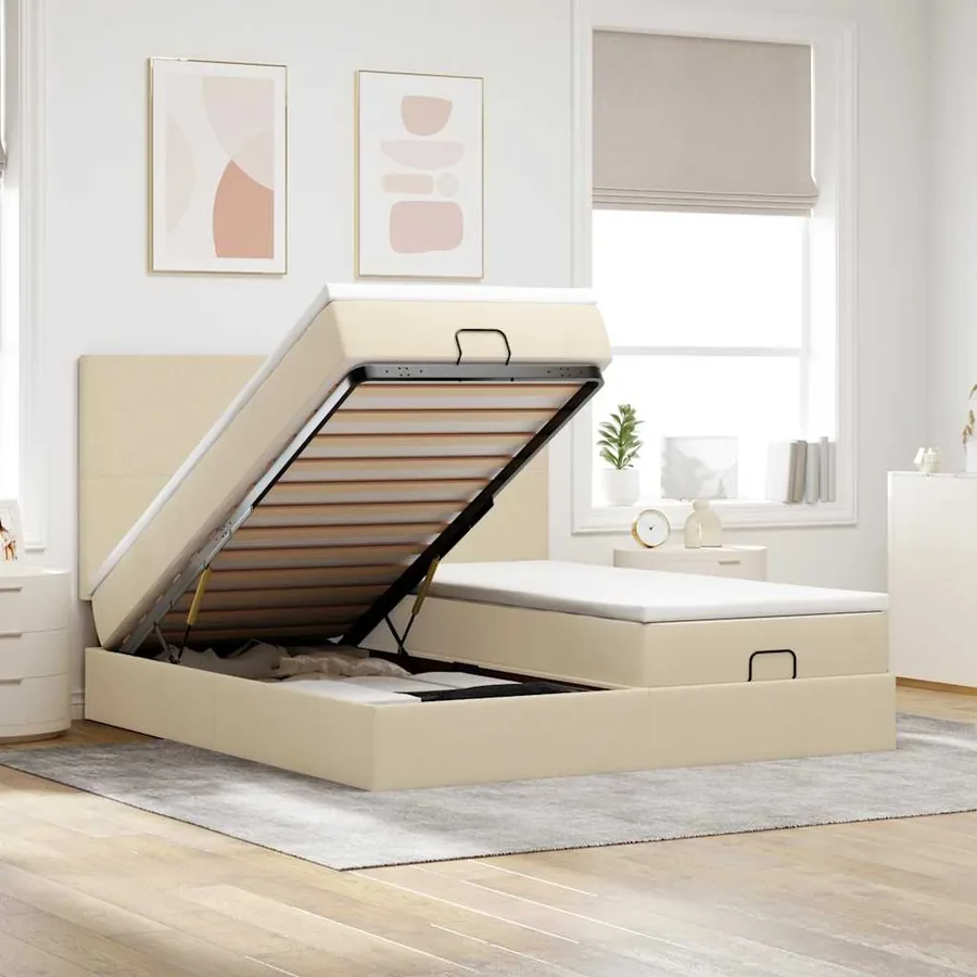 Cadre de lit ottoman avec matelas crème 200x200cm tissu