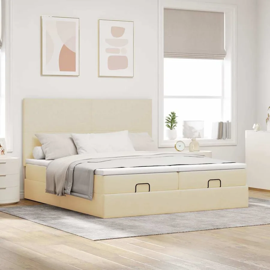 Cadre de lit ottoman avec matelas crème 200x200cm tissu - 4